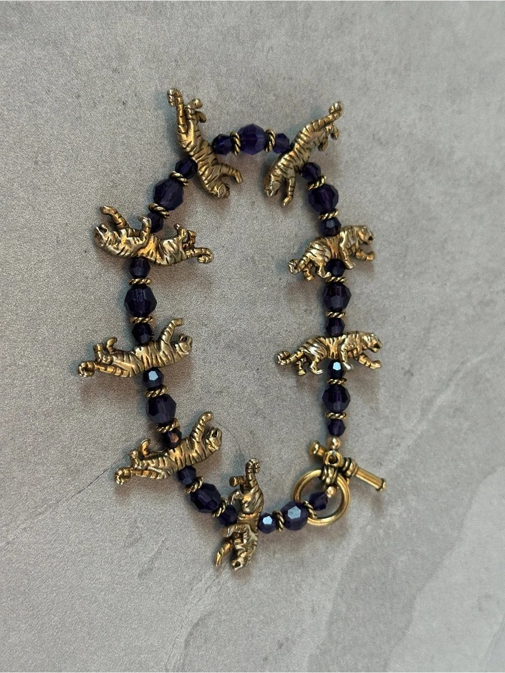 Custom Gold Tiger & Purple Crystal Bead Bracelet 8”